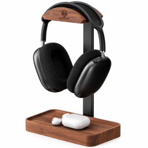 HEADLIFT Desktop Headphone Stand with Wooden Base Tray, Metal Headset Holder